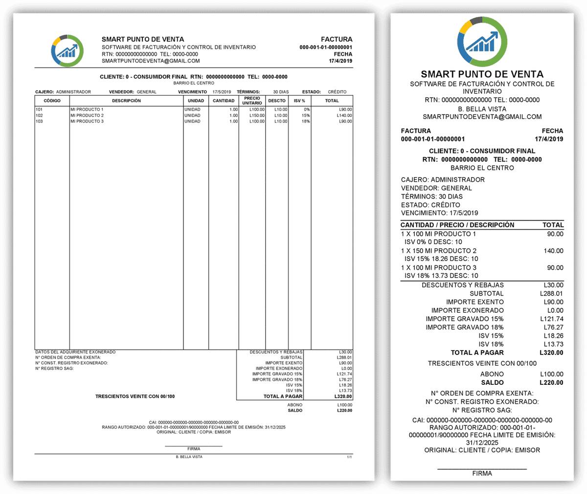Formatos de factura carta, media carta y ticket en Smart Punto de Venta