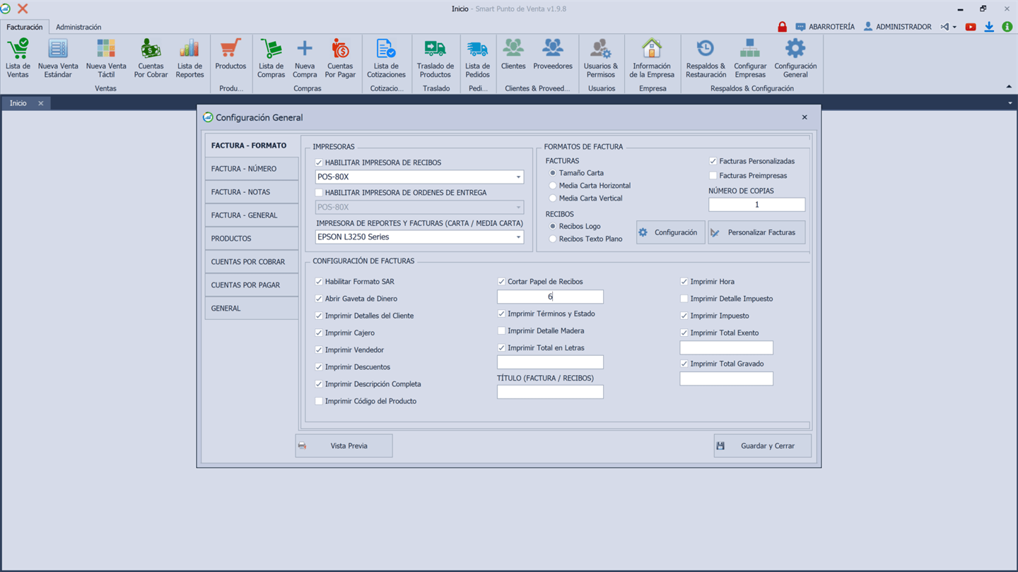 Configuración de facturas e impresoras