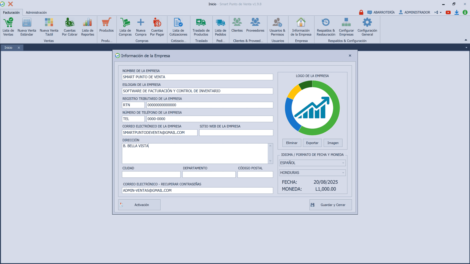 pos-informacion-empresa Pantalla de información de la empresa en Smart Punto de Venta