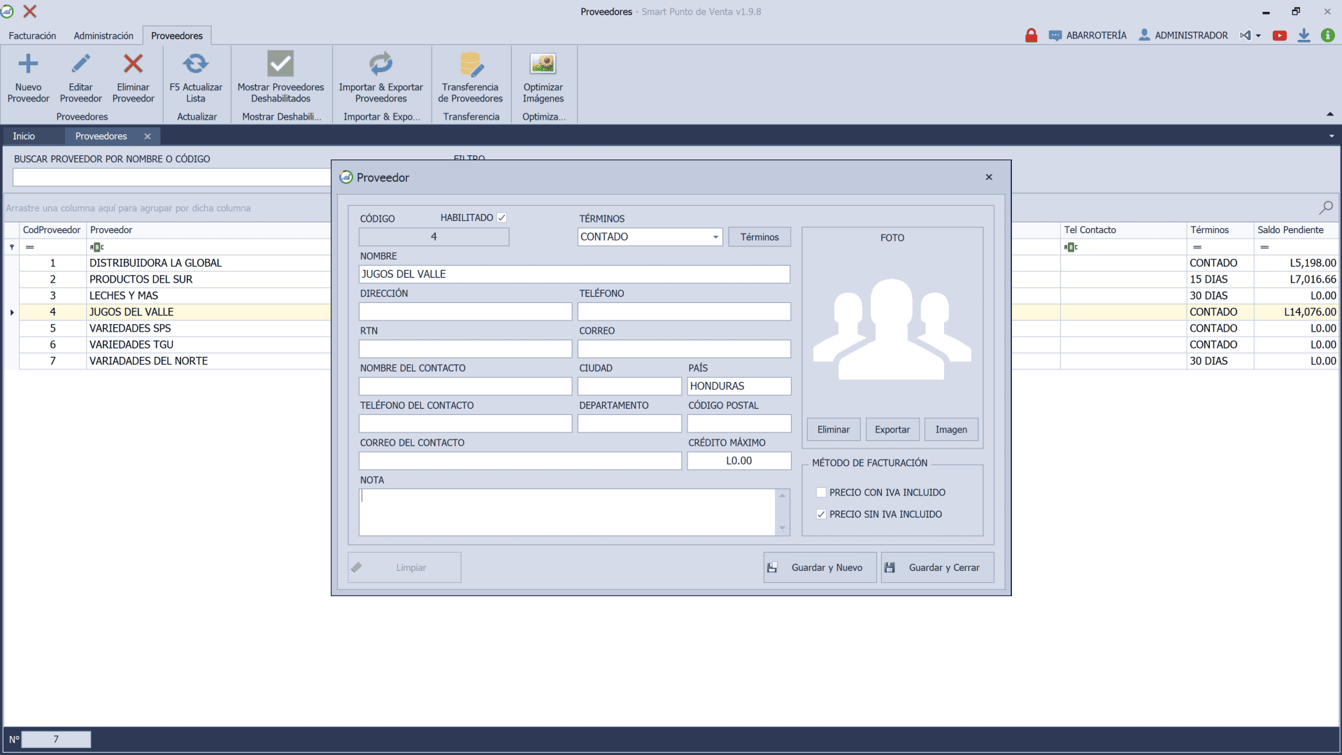 pos-proveedores-nuevo Pantalla del módulo de proveedores en Smart Punto de Venta