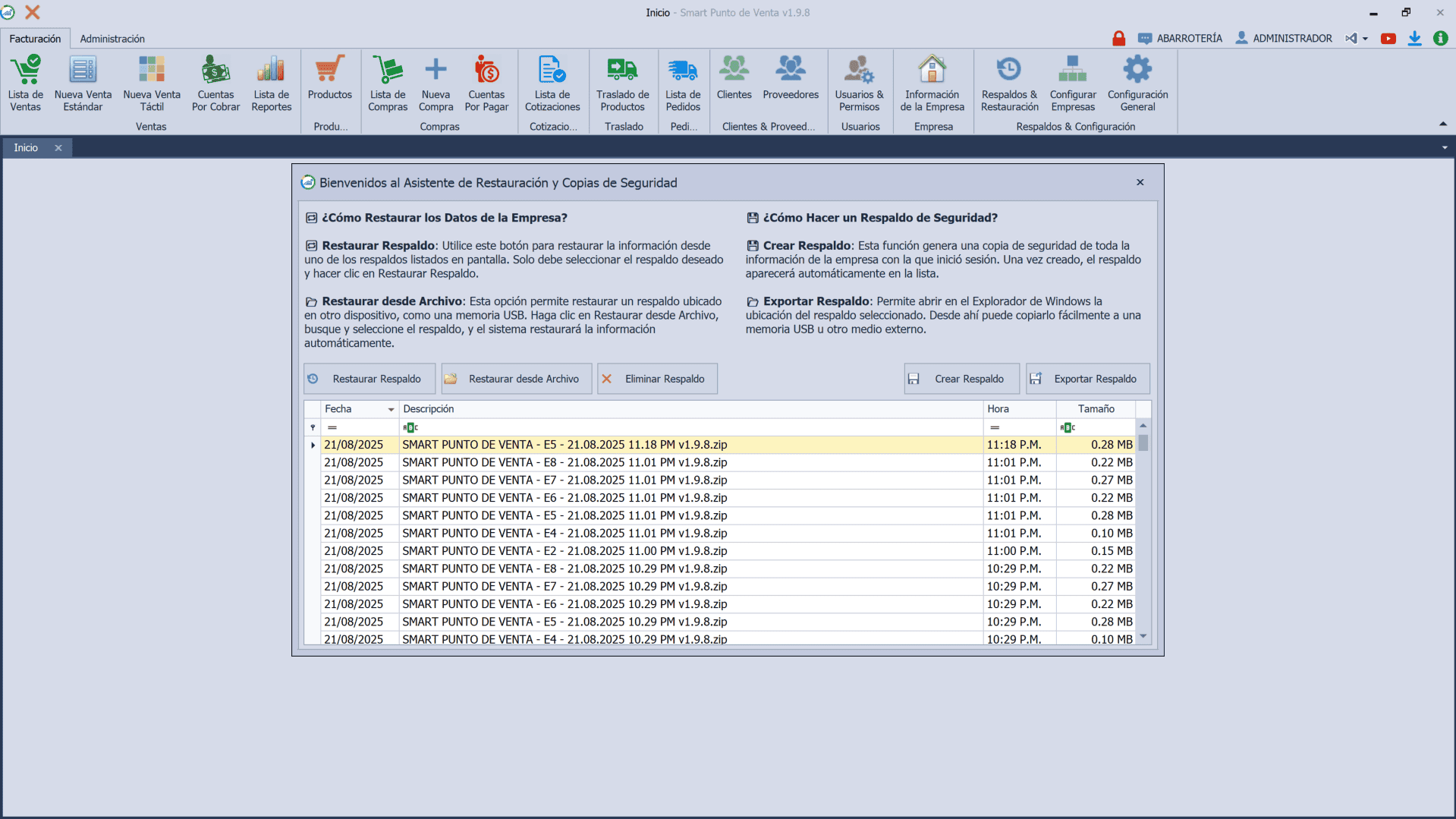 pos-respaldos-restauracion Pantalla de respaldos y restauraciones en Smart Punto de Venta