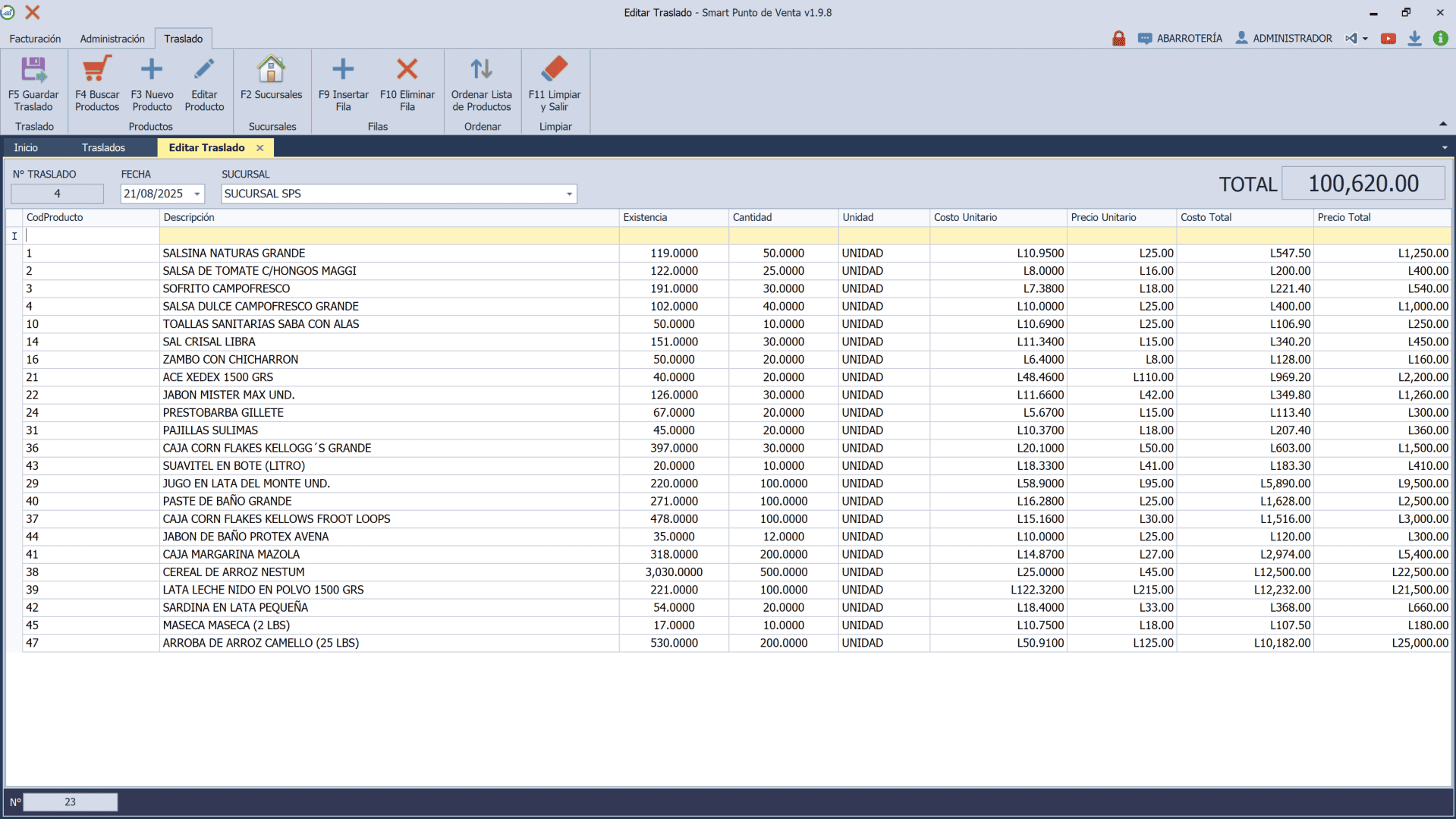 pos-traslados-nuevo Pantalla de traslado de productos entre sucursales en Smart Punto de Venta