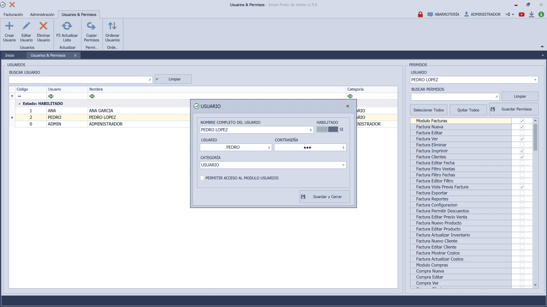pos-usuarios-permisos-nuevo Pantalla de usuarios y permisos en Smart Punto de Venta